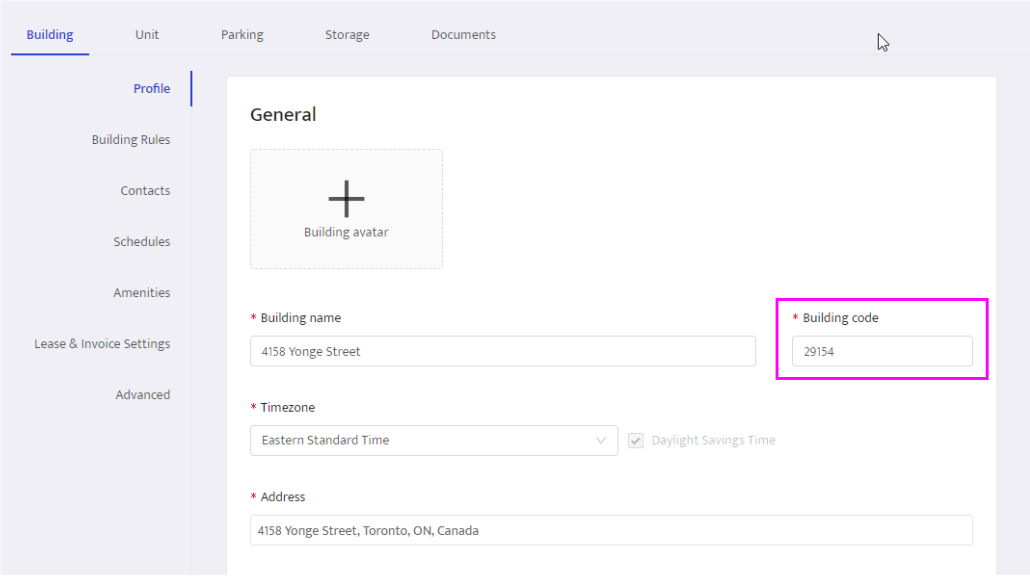 Building code field on the Building details page