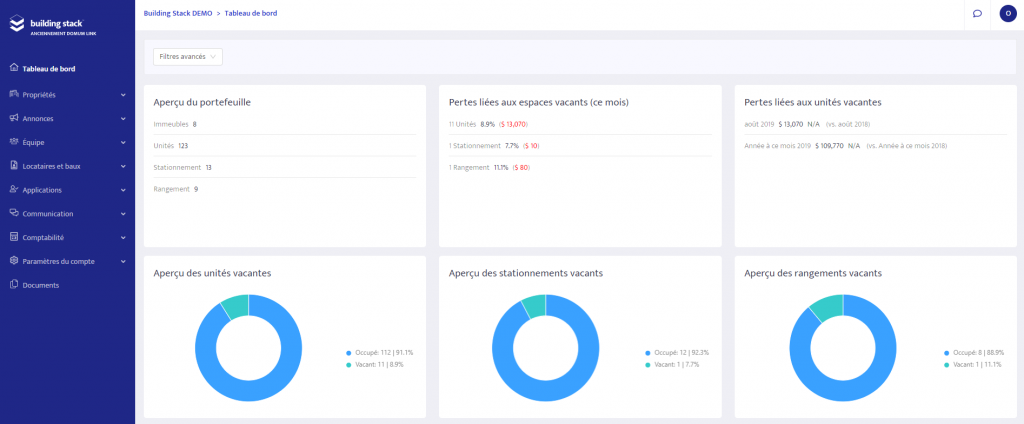 Tableau de bord Building Stack