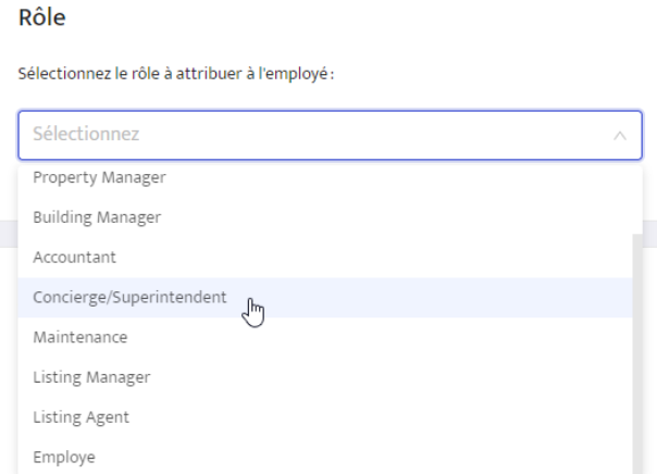 Menu déroulant Rôle sur la page détaillée de l'employée