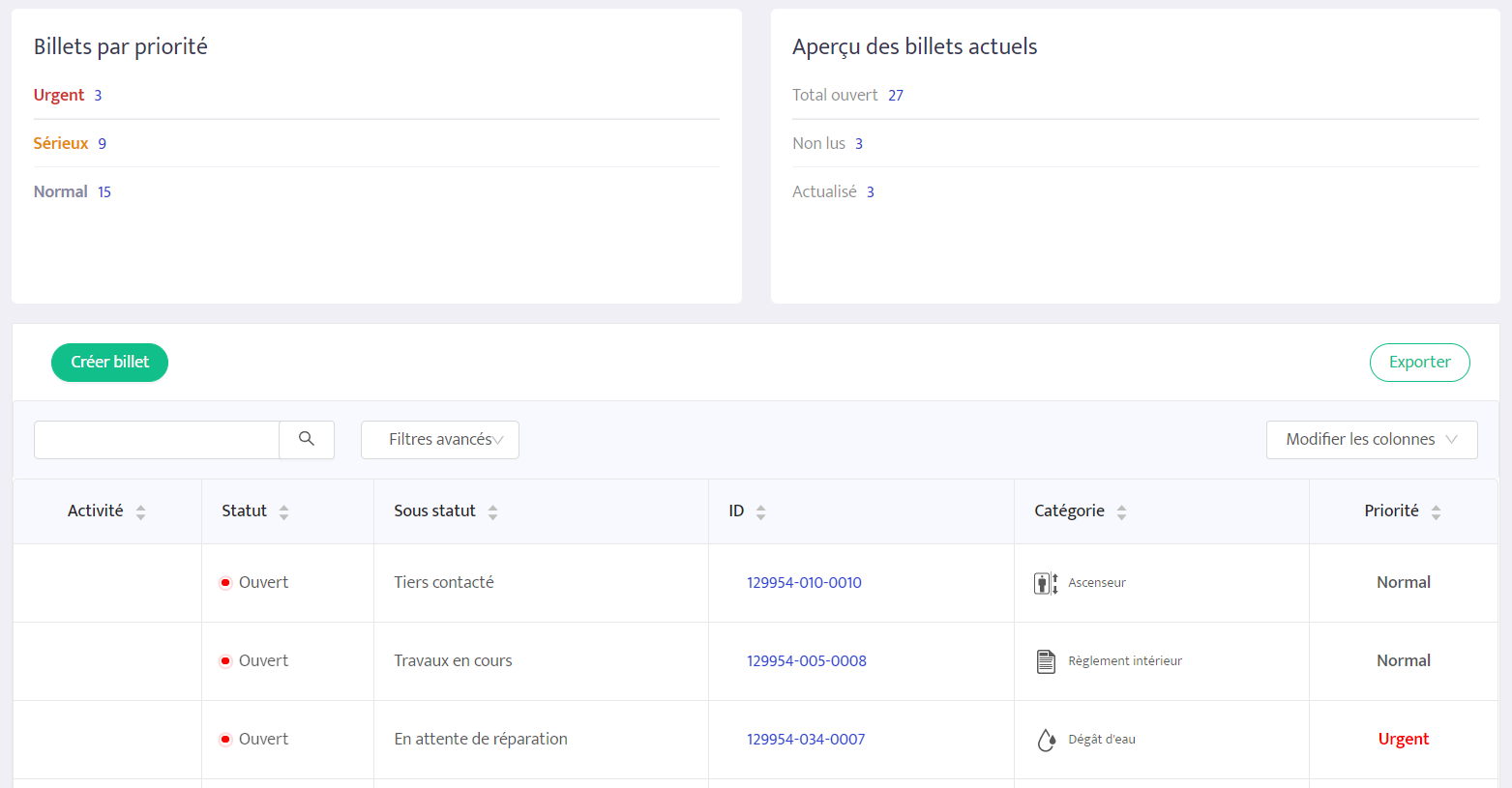 Page principale du module Billets