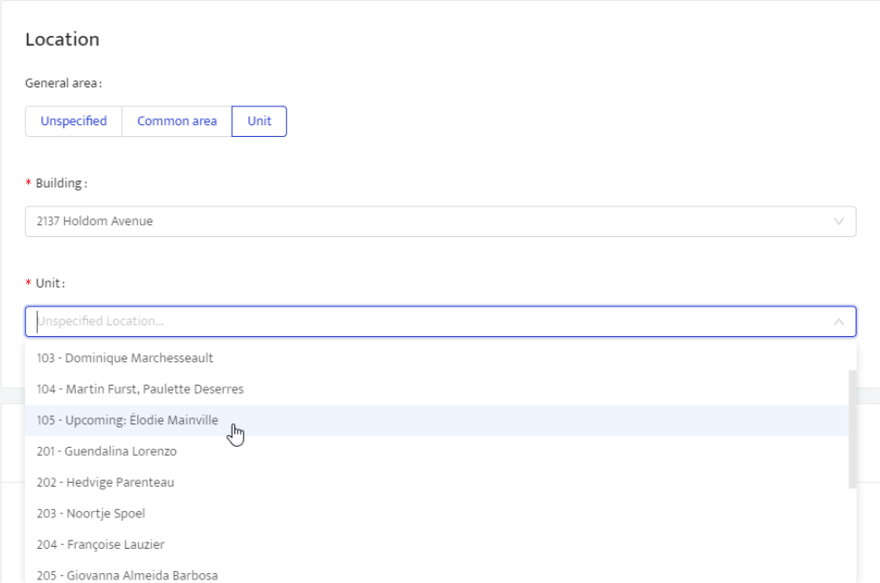 Upcoming tenant in the Unit drop-down menu
